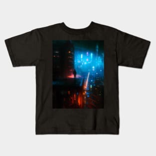 Man Overlooking Neon Lit Cityscape Kids T-Shirt